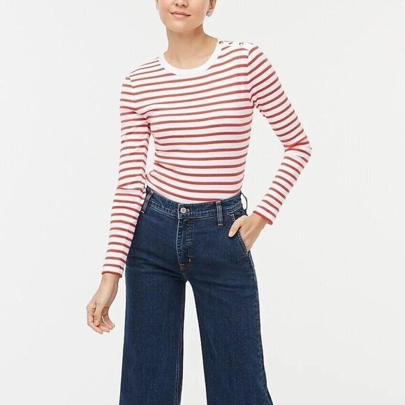 J Crew Womens Striped Button Shoulder Tee XS Pink White Stripe Preppy Shirt Top - Picture 1 of 9